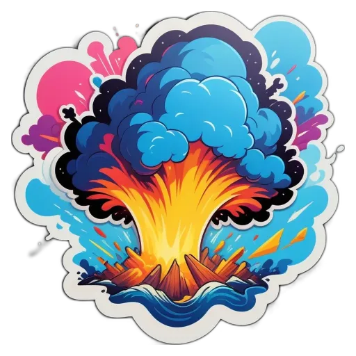 A colorful sticker of a bomb with a black and blue sky.