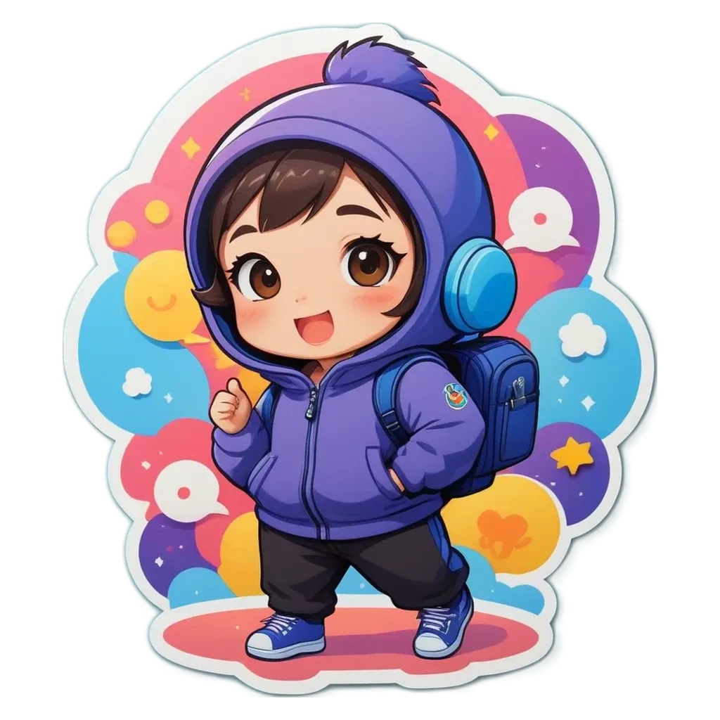 A girl wearing a purple jacket and backpack with a smiley face.