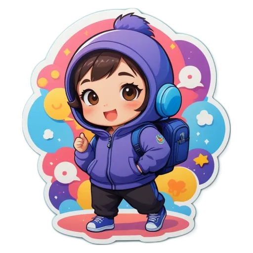 A girl wearing a purple jacket and backpack with a smiley face.