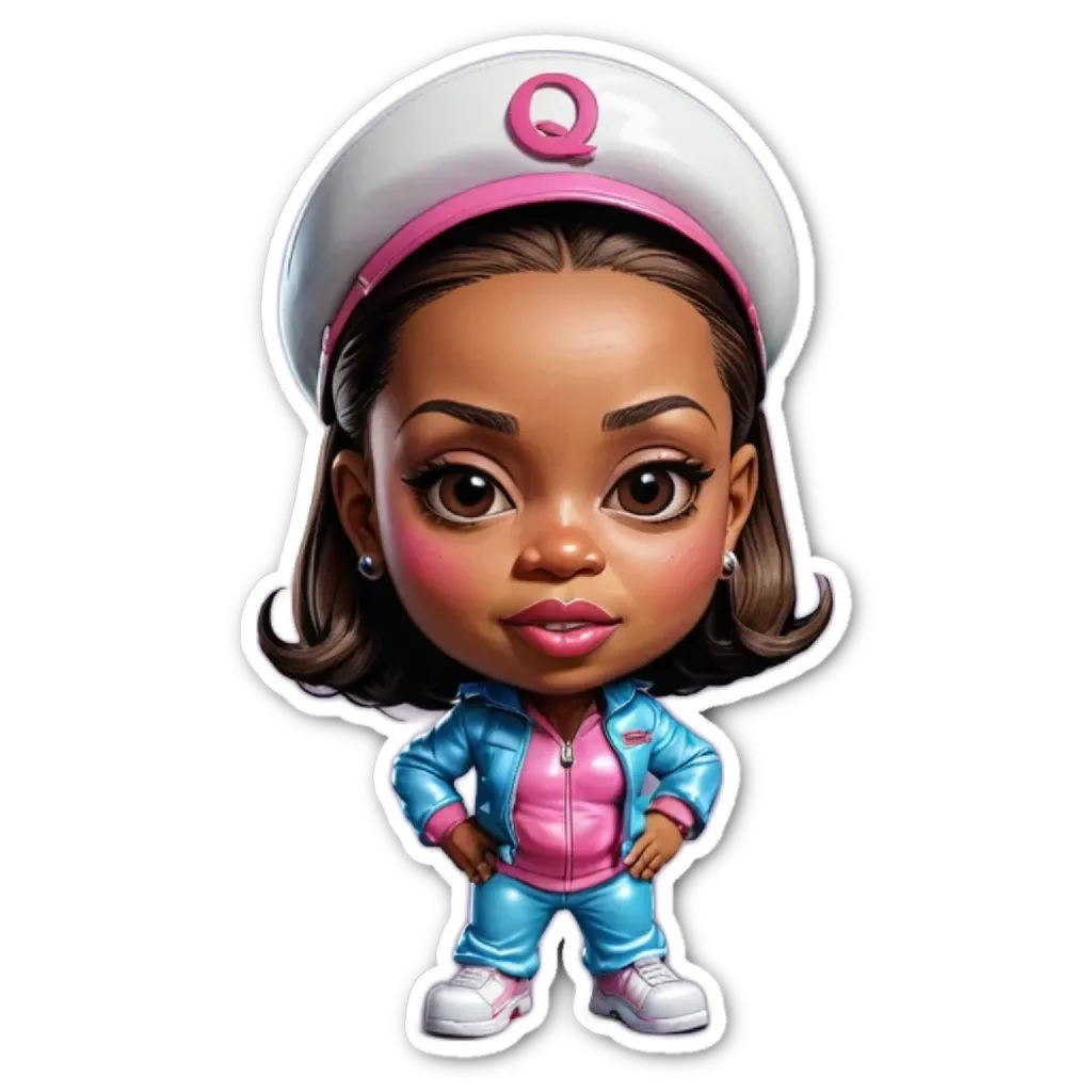 A cartoon girl wearing a blue and pink jacket and hat that has a large letter Q on it.