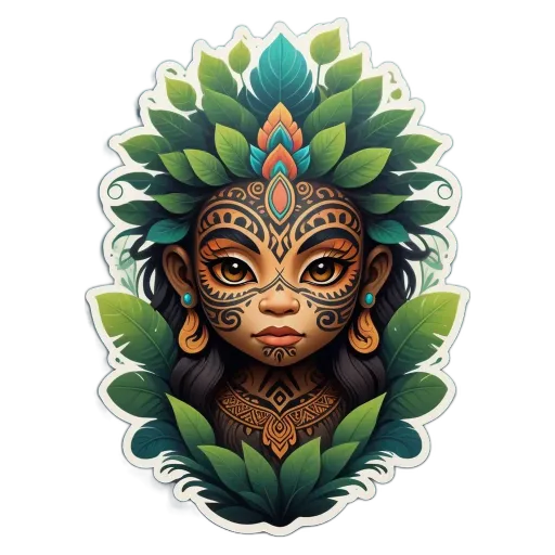 A colorful picture of a girl with green leaves in her hair.