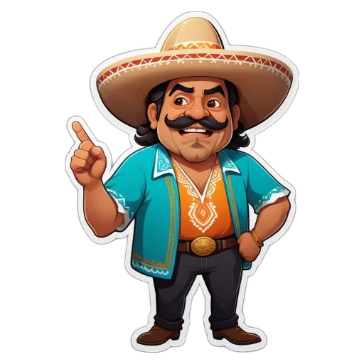 A cartoon pointing finger is wearing a sombrero and a blue and orange shirt.
