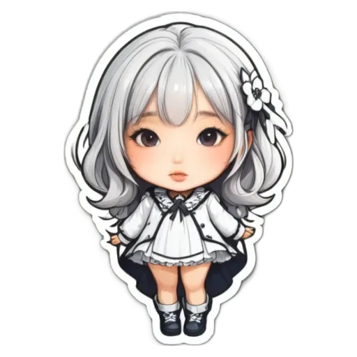 A girl with white hair and a black bow in her hair is on a black and white sticker.