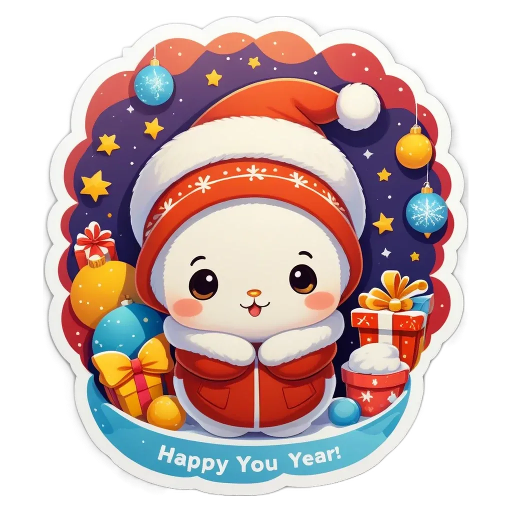 A sticker of a snowman wearing a hat and holding a present.