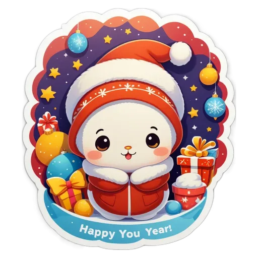 A sticker of a snowman wearing a hat and holding a present.
