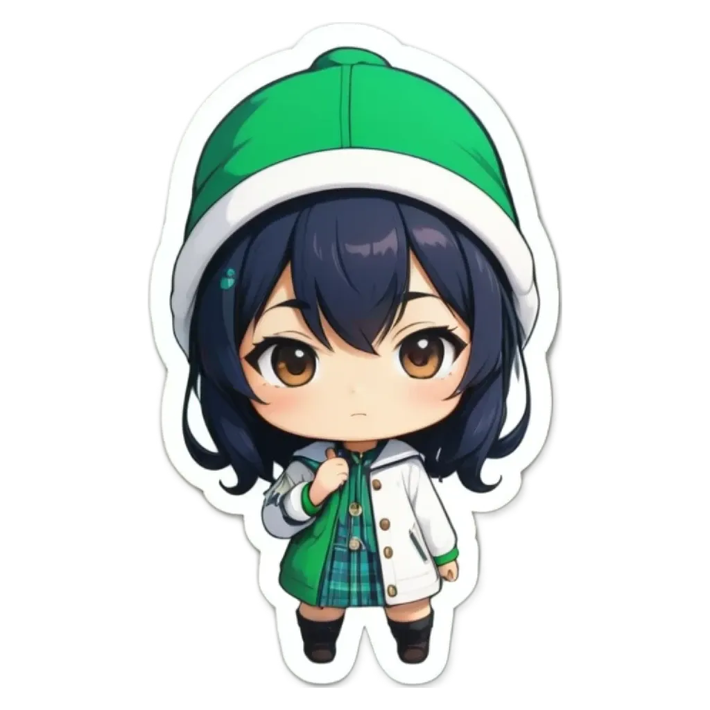 A girl is wearing a green hat and white coat.