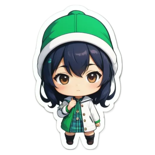 A girl is wearing a green hat and white coat.