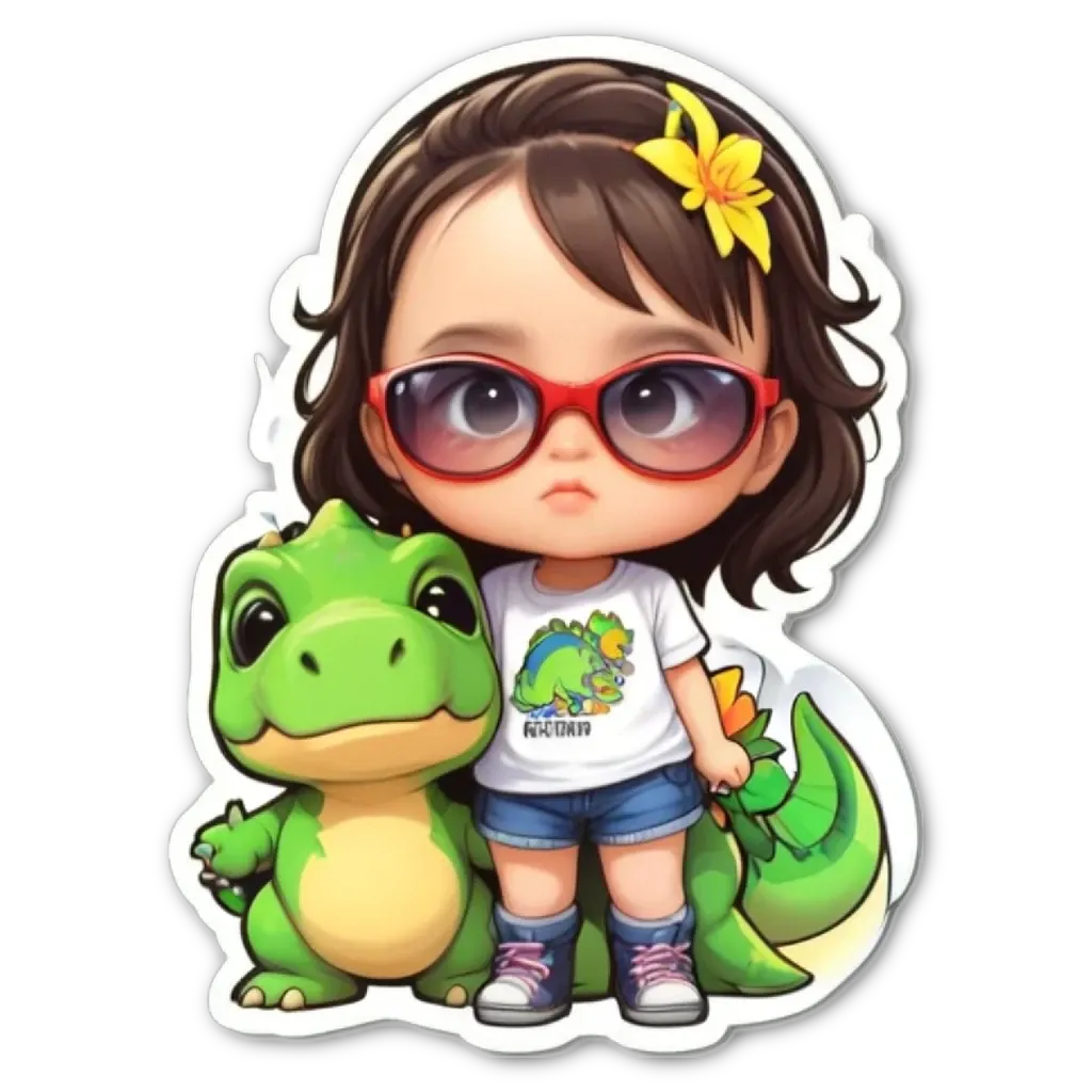 A girl wearing glasses and a dinosaur t-shirt holding a small dog.