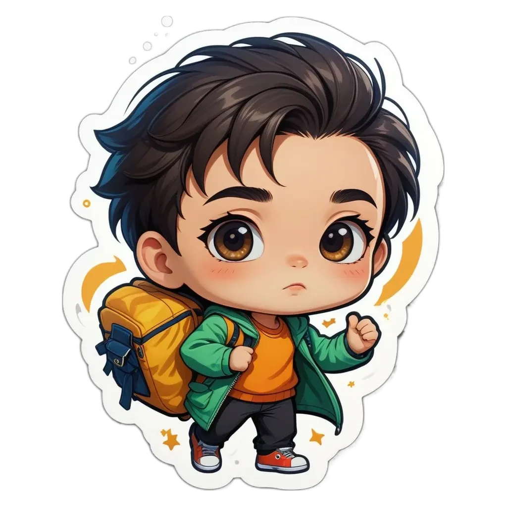 A boy with a backpack is looking down.