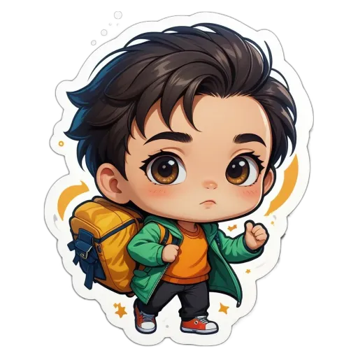 A boy with a backpack is looking down.