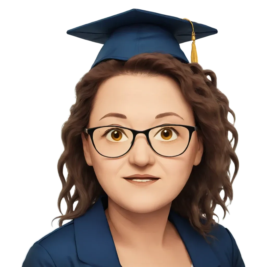 A woman wearing a blue graduation jacket is wearing glasses.