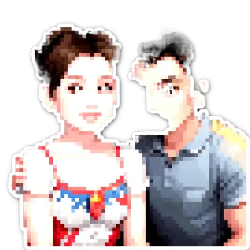 Two people are shown with their faces sticker on a black background.