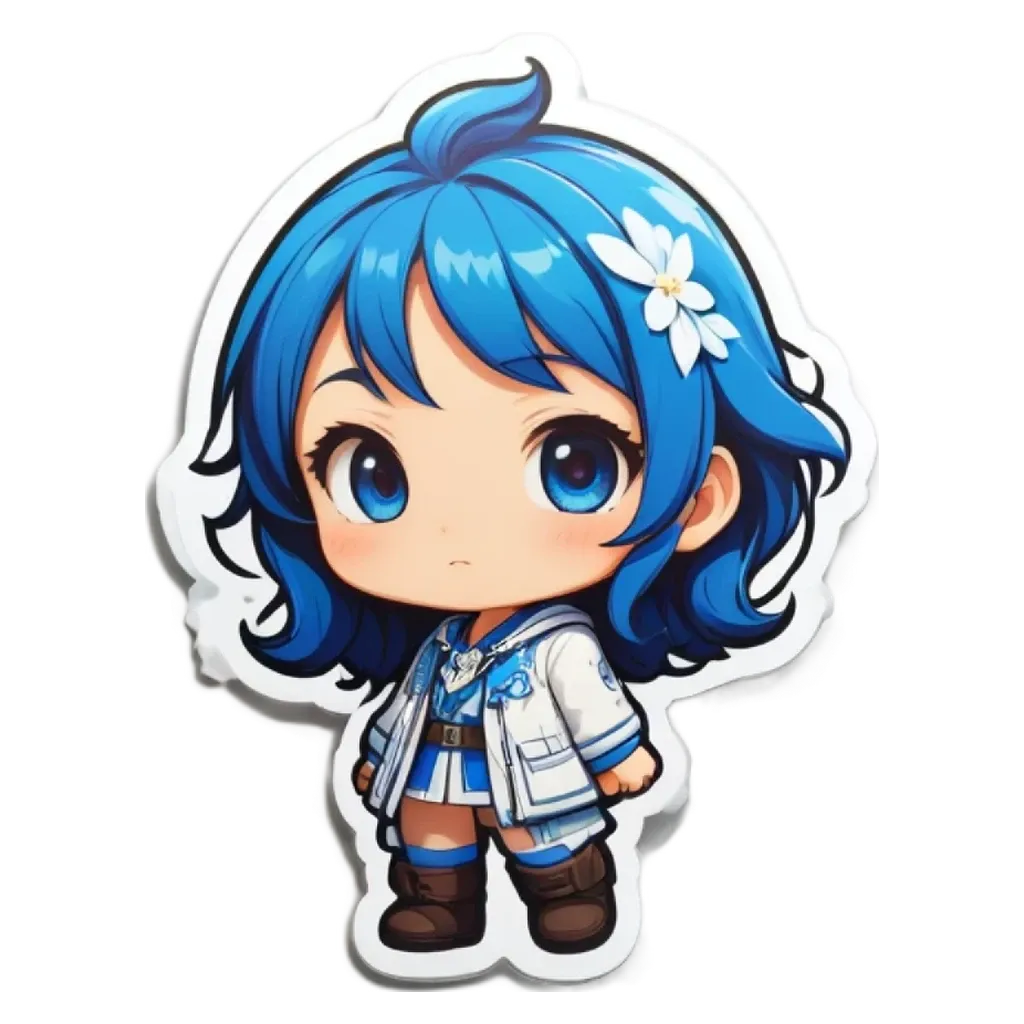 A girl with blue eyes and a white flower is standing up.