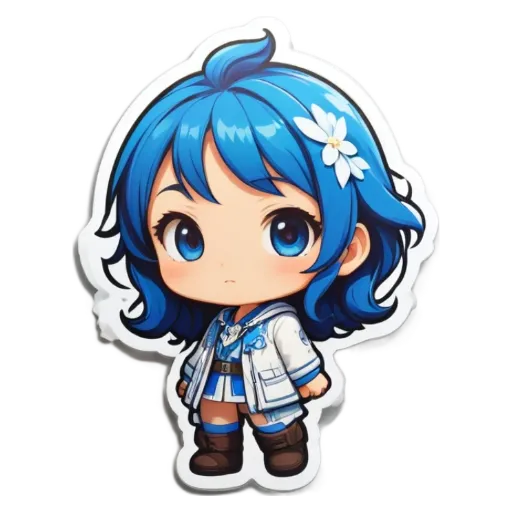 A girl with blue eyes and a white flower is standing up.