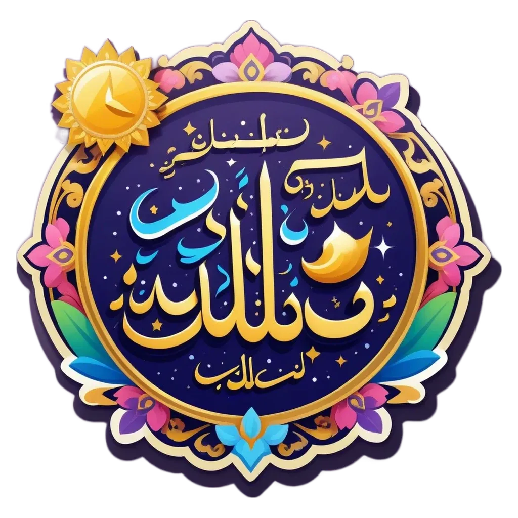 A circle with a clock in the center of it with arabic writing on it.