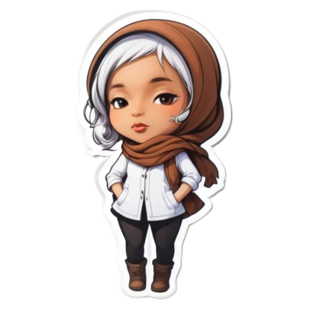 A cartoon girl wearing a brown and white scarf with her hands in her pockets.