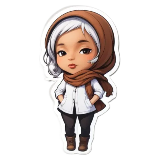 A cartoon girl wearing a brown and white scarf with her hands in her pockets.
