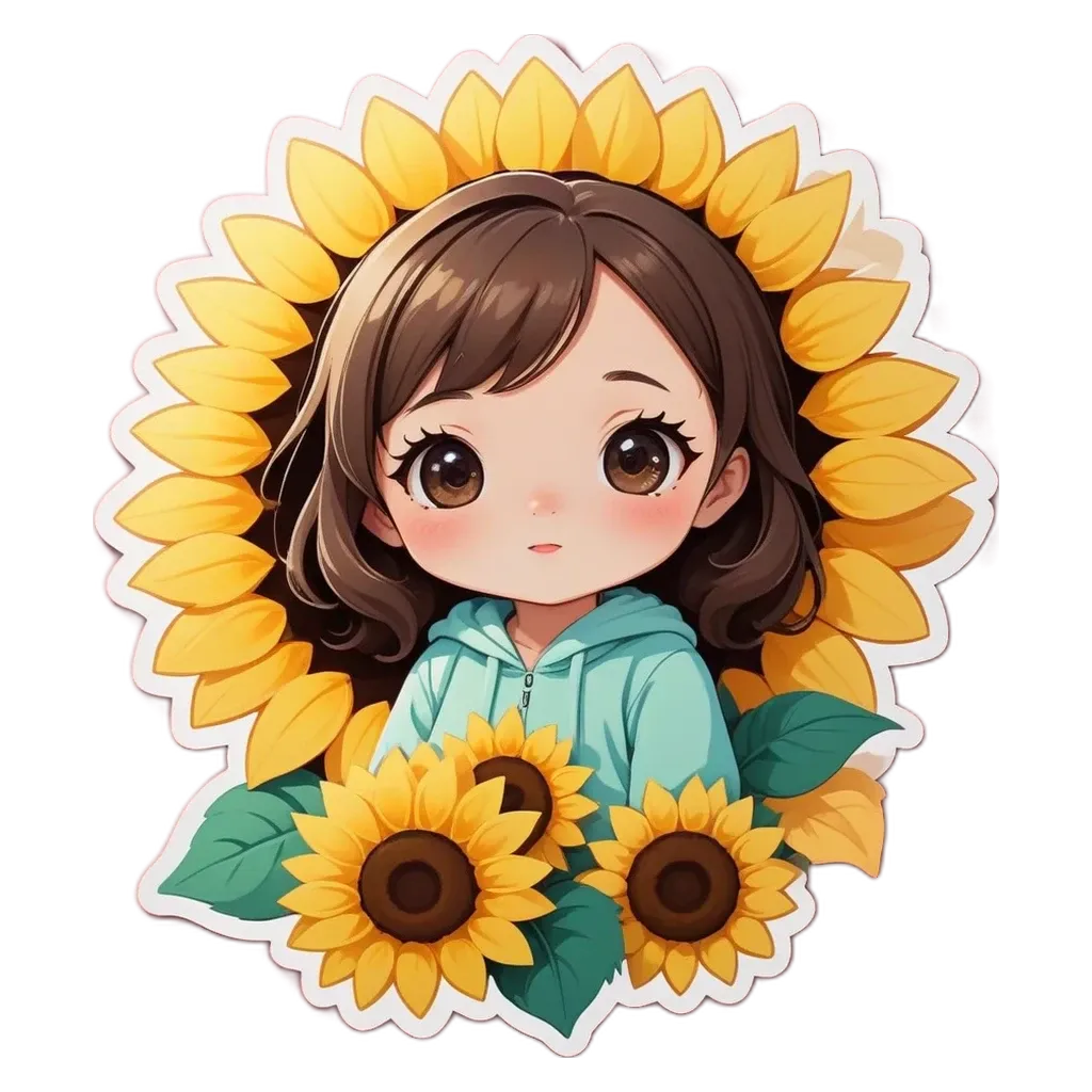 A cartoon girl in front of a sunflower with a sticker.