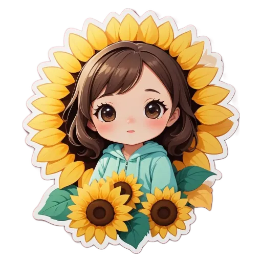A cartoon girl in front of a sunflower with a sticker.