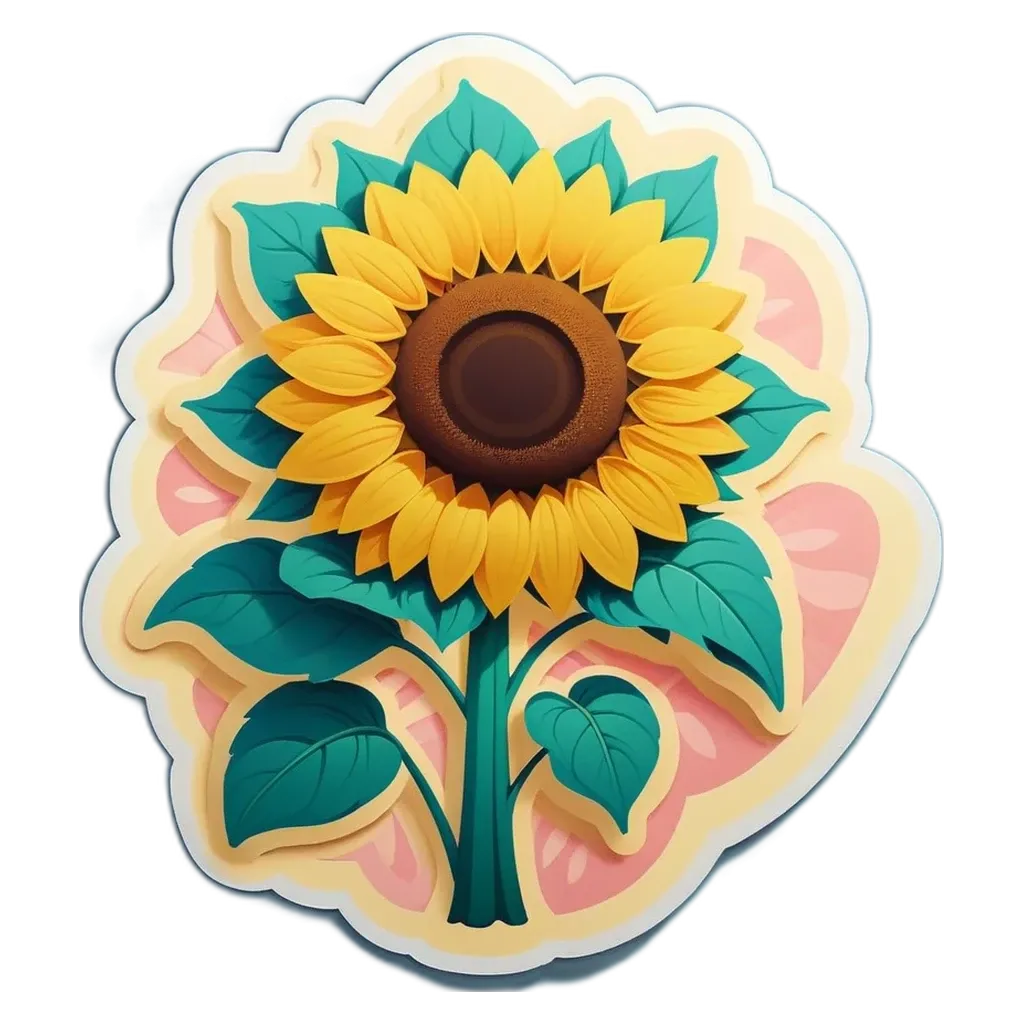 A cartoon depiction of a sunflower with green leaves and a brown center.