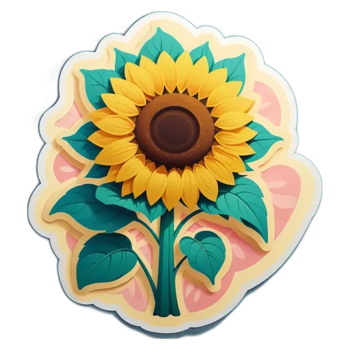 A cartoon depiction of a sunflower with green leaves and a brown center.