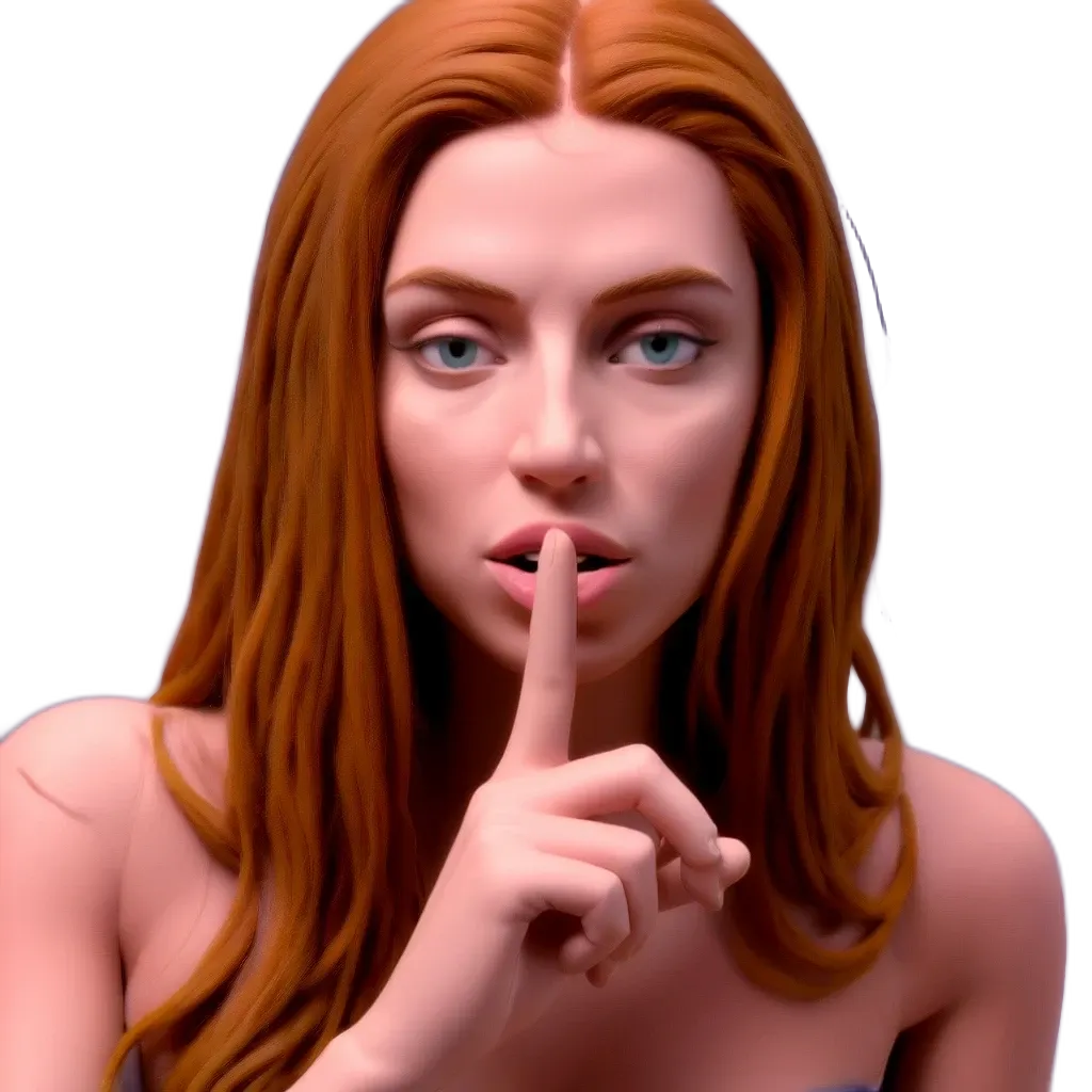 A woman with a long red hair who has a finger in her mouth.
