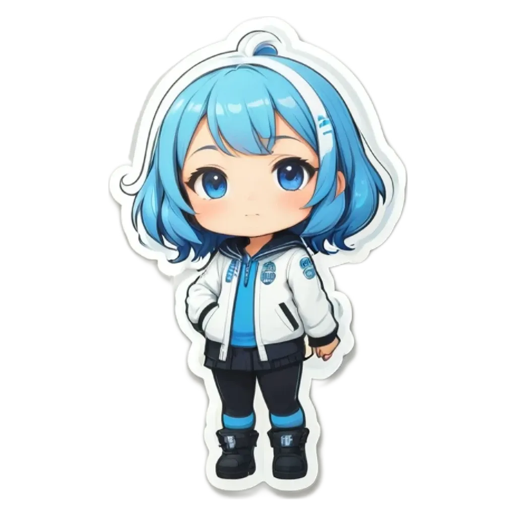 A girl with blue eyes and a white jacket.