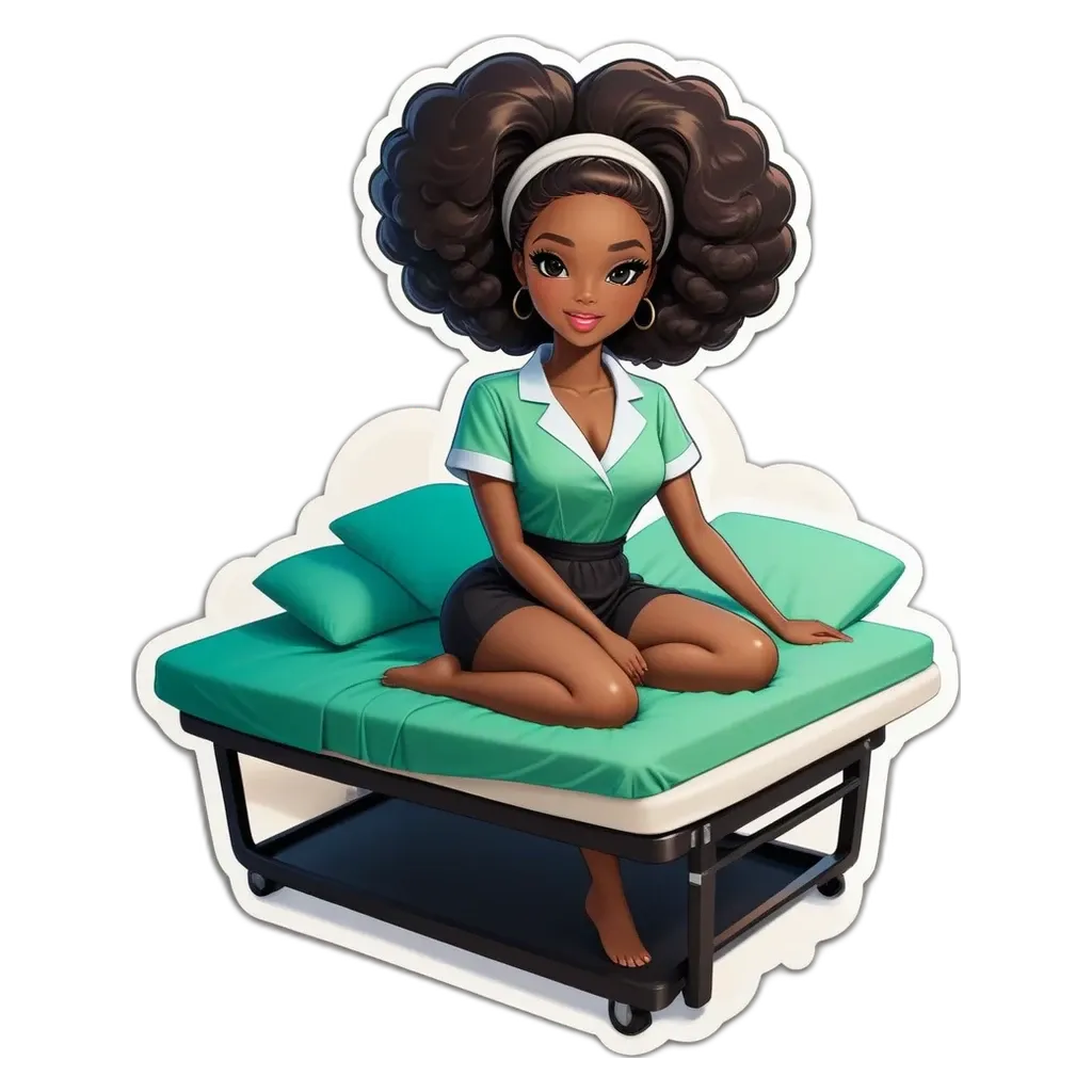 A sticker of a black girl with her back to the camera sitting on a green bed.