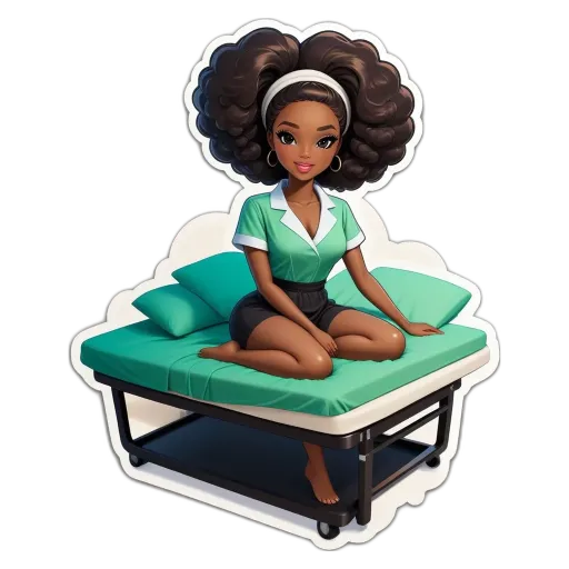 A sticker of a black girl with her back to the camera sitting on a green bed.