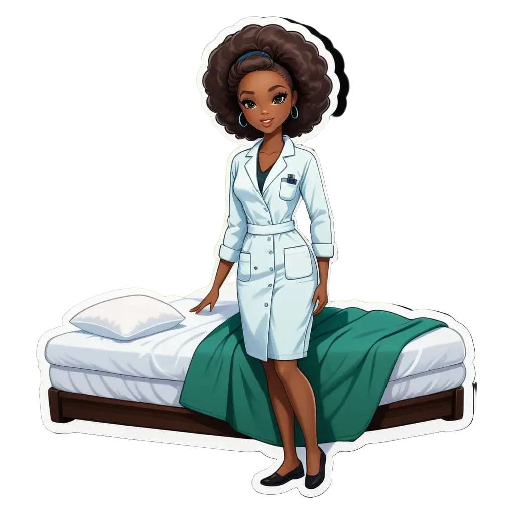 A cartoon image of a women doctor standing in a room with a bed.