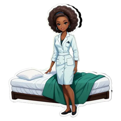 A cartoon image of a women doctor standing in a room with a bed.
