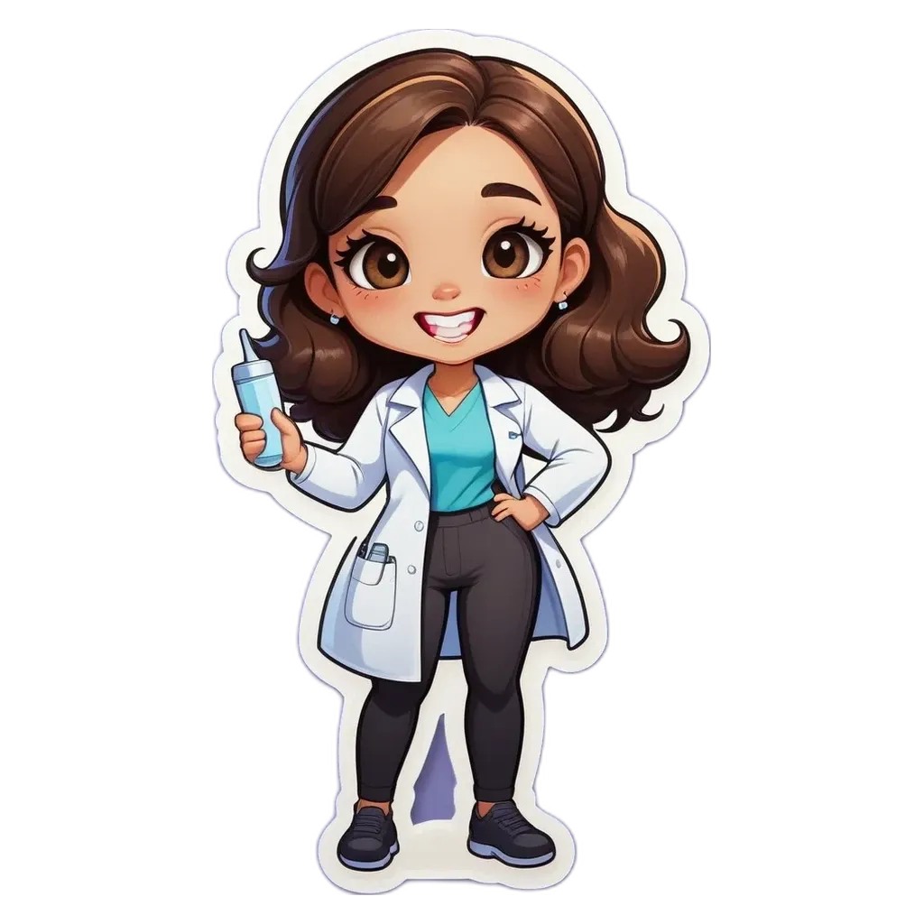 A cartoon woman holding a blue bottle of disinfectant.