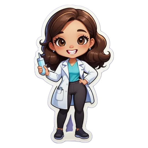 A cartoon woman holding a blue bottle of disinfectant.