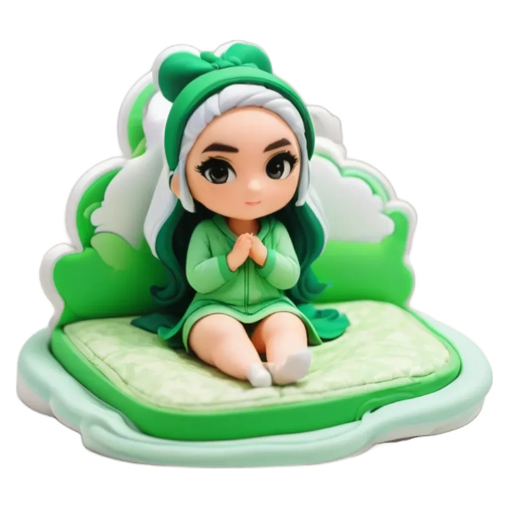 A green and white doll sitting on a bed.