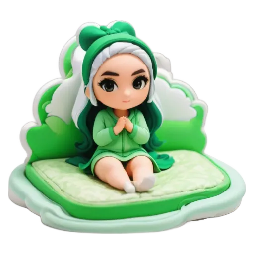 A green and white doll sitting on a bed.