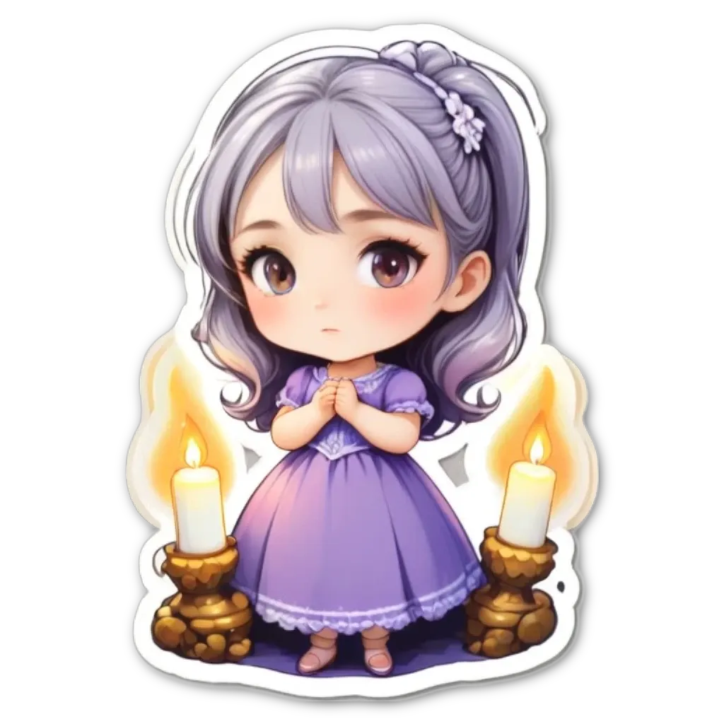 A girl standing with candles and praying.