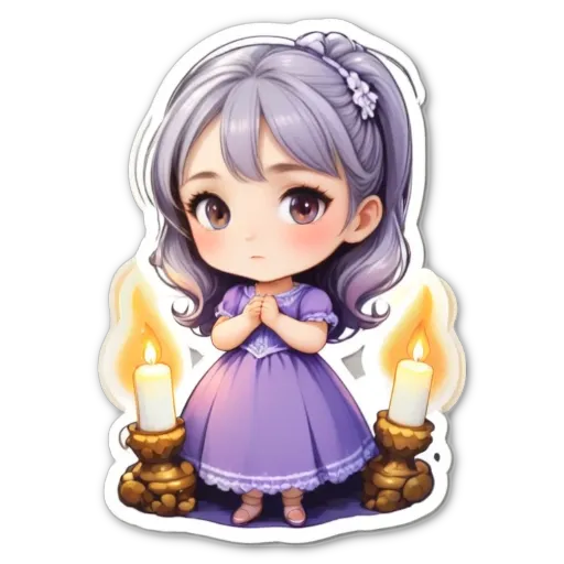 A girl standing with candles and praying.