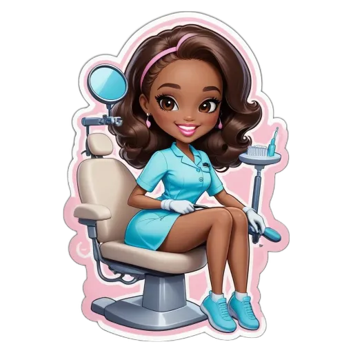 A sticker of a woman dentist that is blue in color.