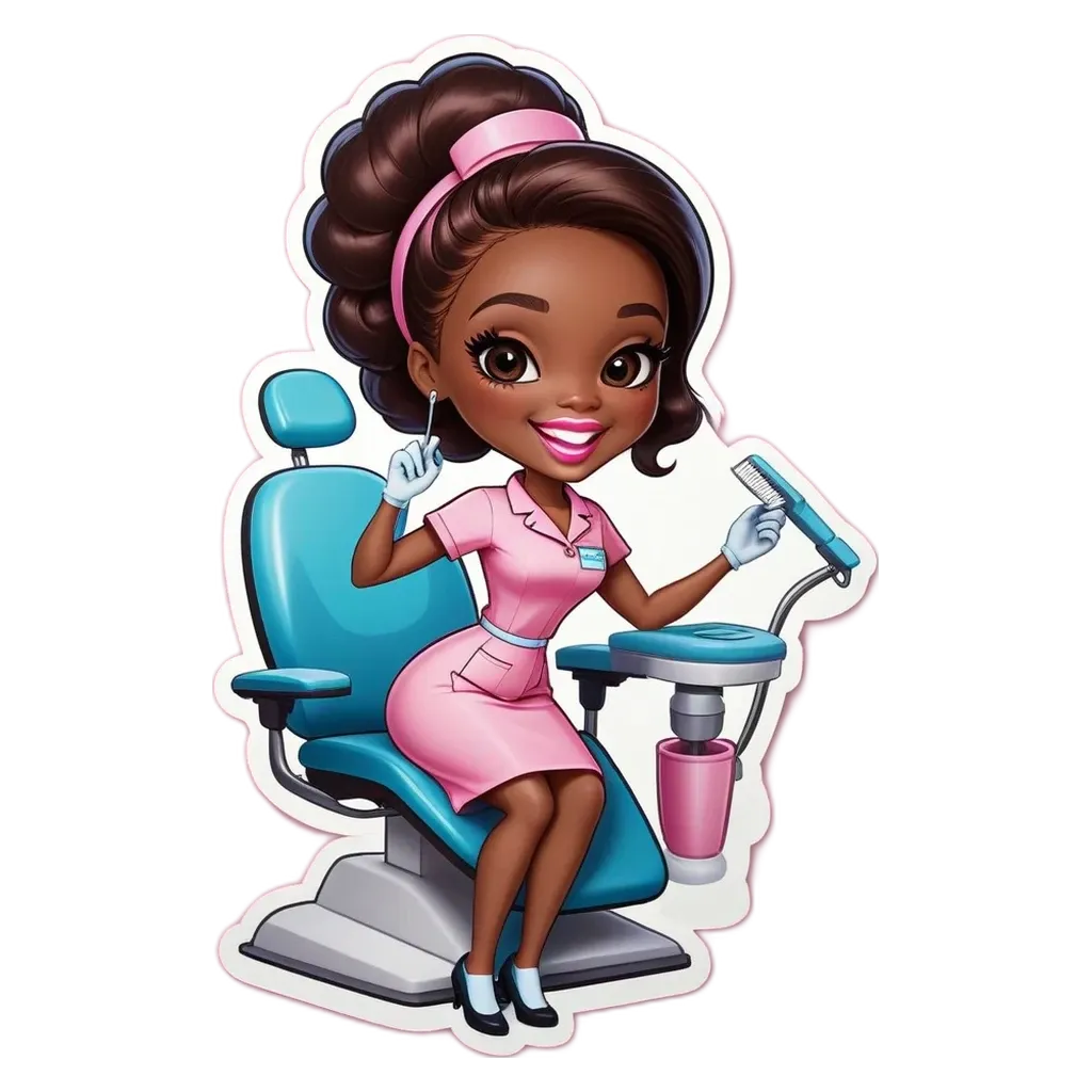 A cartoon nurse who is smiling is sitting in a blue chair in a white room.