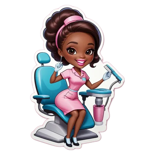 A cartoon nurse who is smiling is sitting in a blue chair in a white room.