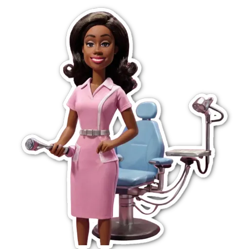 A doll in a pink dress stands in front of a dental chair.