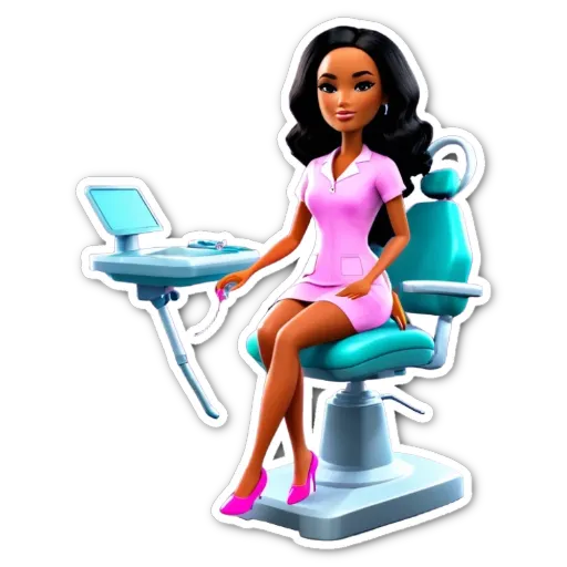 A sticker of a woman dentist that is pink in color.