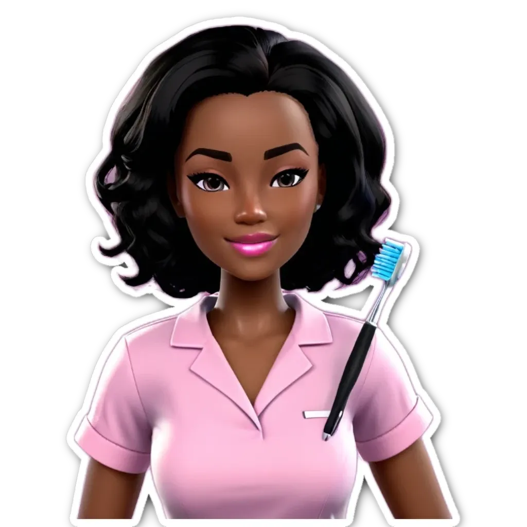 A sticker of a woman holding a toothbrush.