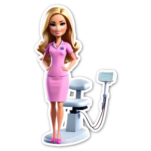A pink and white doll is standing with a stethoscope and a chair.