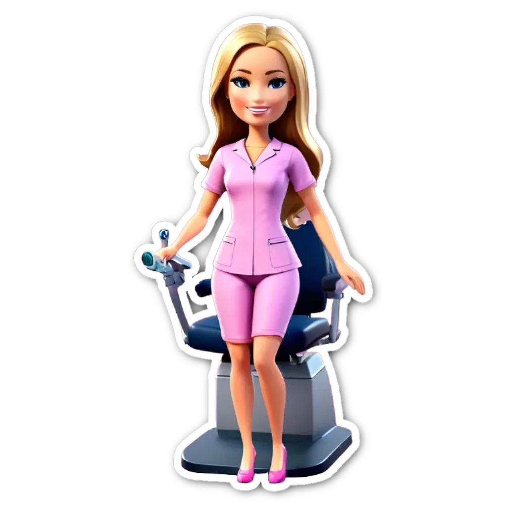 A pink and white sticker of a doll in a dentist chair.
