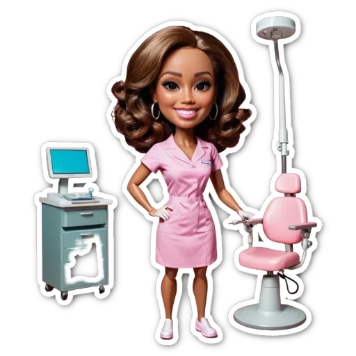 A doll is posed to be a dental nurse and is holding a computer.