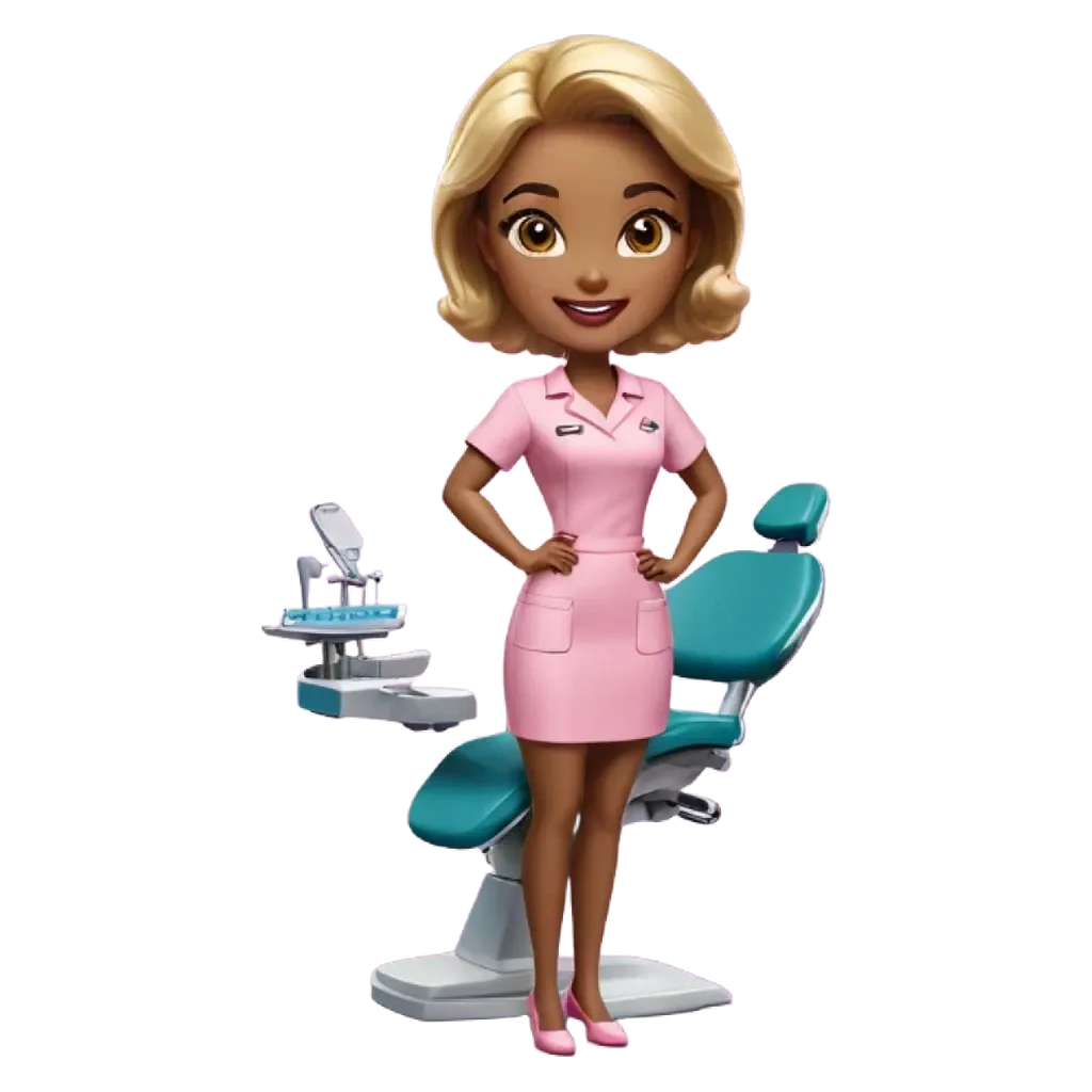 A cartoon nurse standing in front of a blue chair.