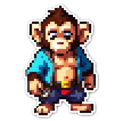 A monkey that is wearing a blue jacket and holding a wrench.