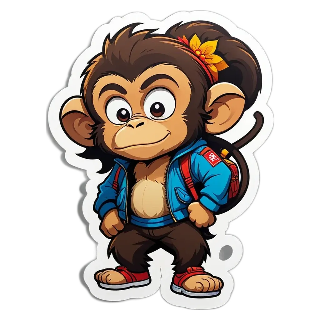 A monkey wearing a blue jacket and backpack.