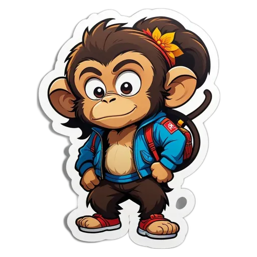 A monkey wearing a blue jacket and backpack.
